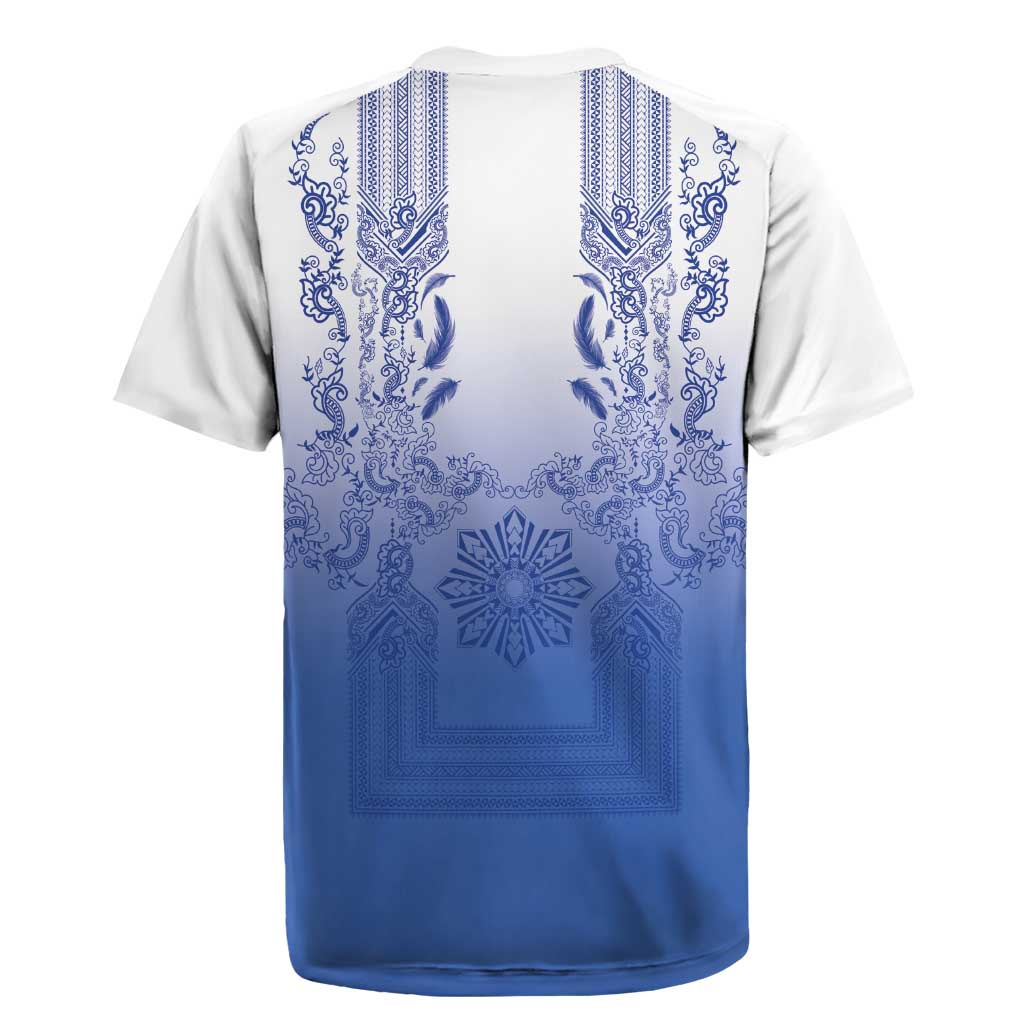 Philippines Barong Style Rugby Jersey with Polynesian Art and Leaf Motif Blue Color LT03 - Polynesian Pride