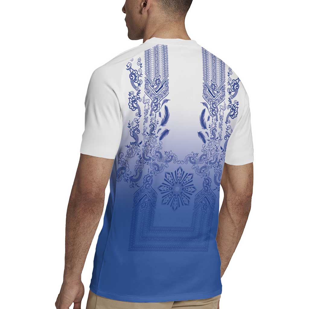 Philippines Barong Style Rugby Jersey with Polynesian Art and Leaf Motif Blue Color LT03 - Polynesian Pride