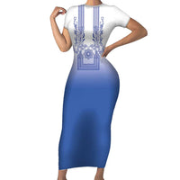 Philippines Barong Style Short Sleeve Bodycon Dress with Polynesian Art and Leaf Motif Blue Color LT03 Long Dress Blue - Polynesian Pride