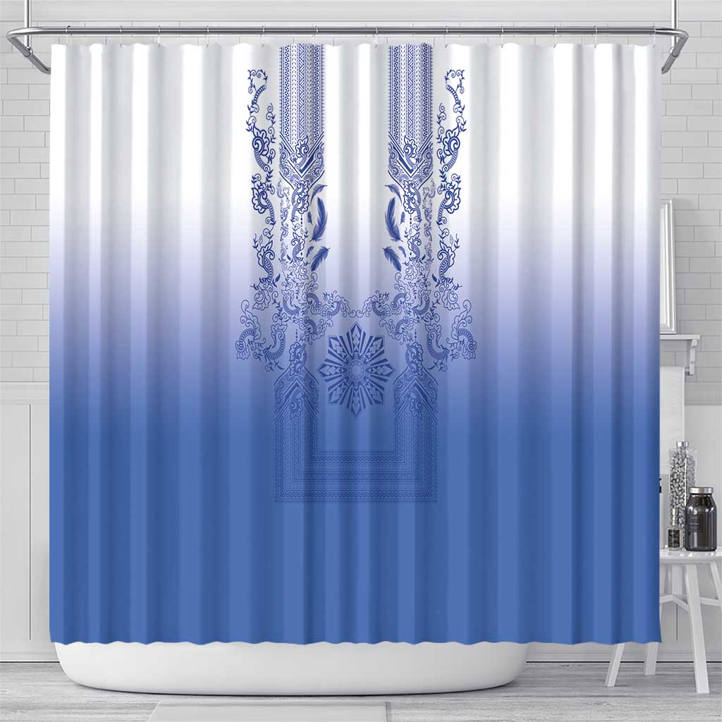 Philippines Barong Style Shower Curtain with Polynesian Art and Leaf Motif Blue Color LT03 - Polynesian Pride