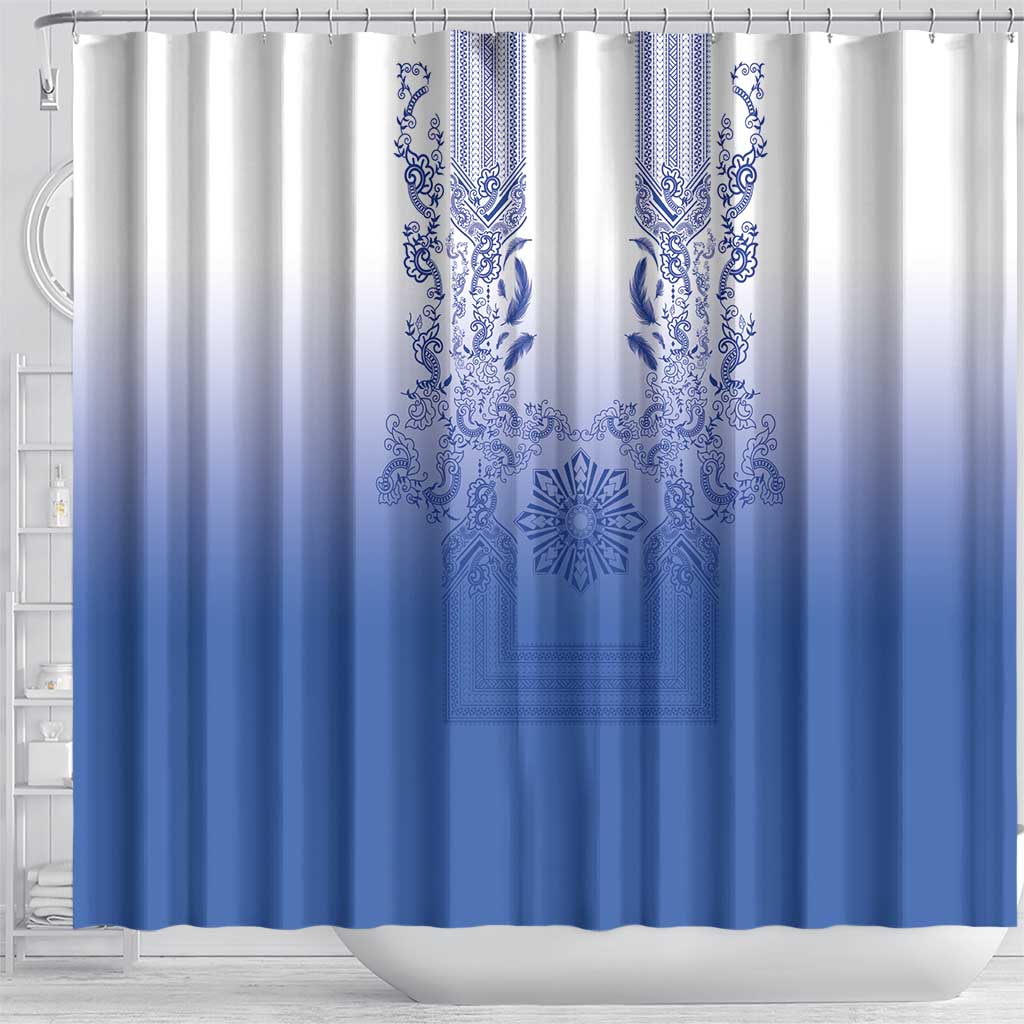 Philippines Barong Style Shower Curtain with Polynesian Art and Leaf Motif Blue Color LT03 - Polynesian Pride