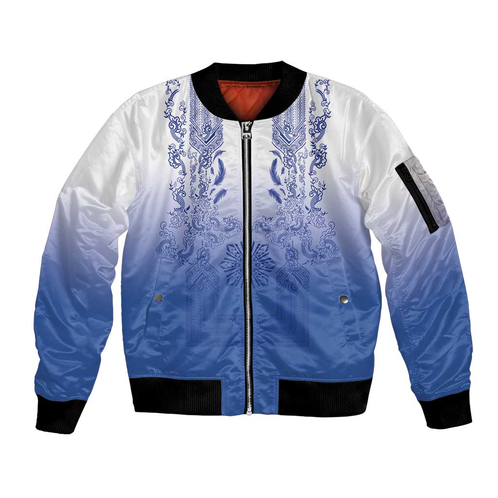 Philippines Barong Style Sleeve Zip Bomber Jacket with Polynesian Art and Leaf Motif Blue Color LT03 Unisex Blue - Polynesian Pride
