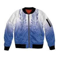 Philippines Barong Style Sleeve Zip Bomber Jacket with Polynesian Art and Leaf Motif Blue Color LT03 Unisex Blue - Polynesian Pride