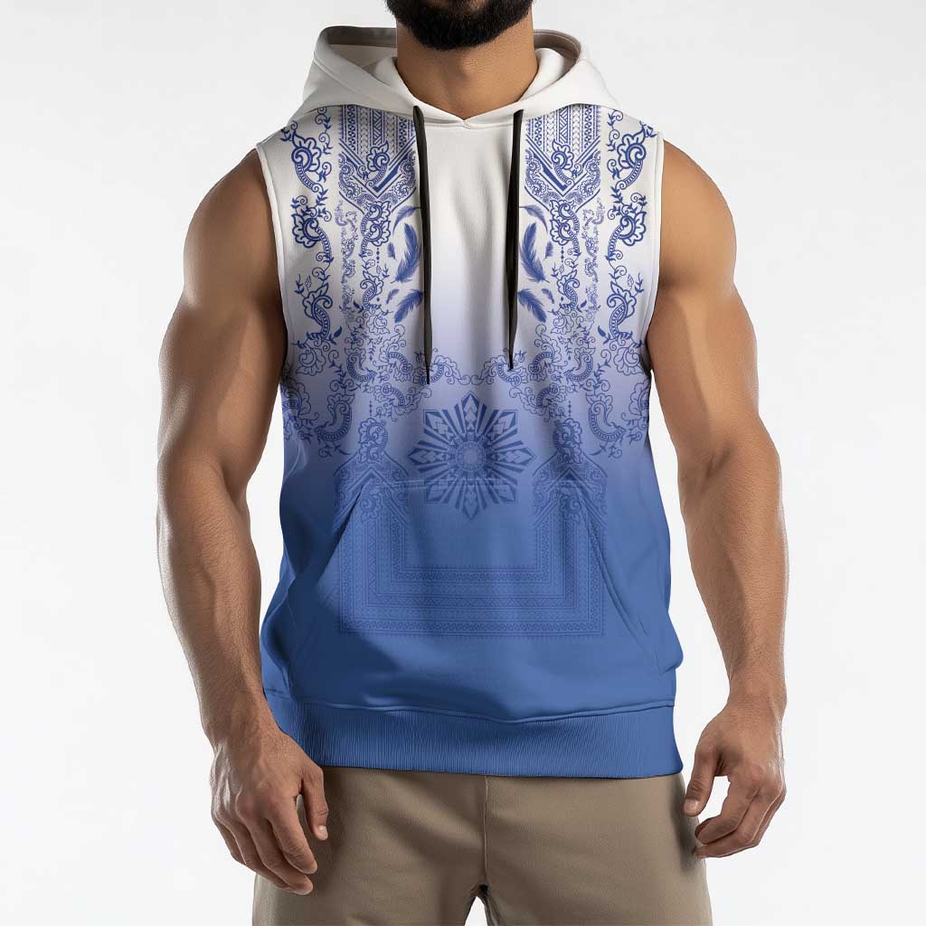 Philippines Barong Style Sleeveless Hoodie with Polynesian Art and Leaf Motif Blue Color LT03 - Polynesian Pride