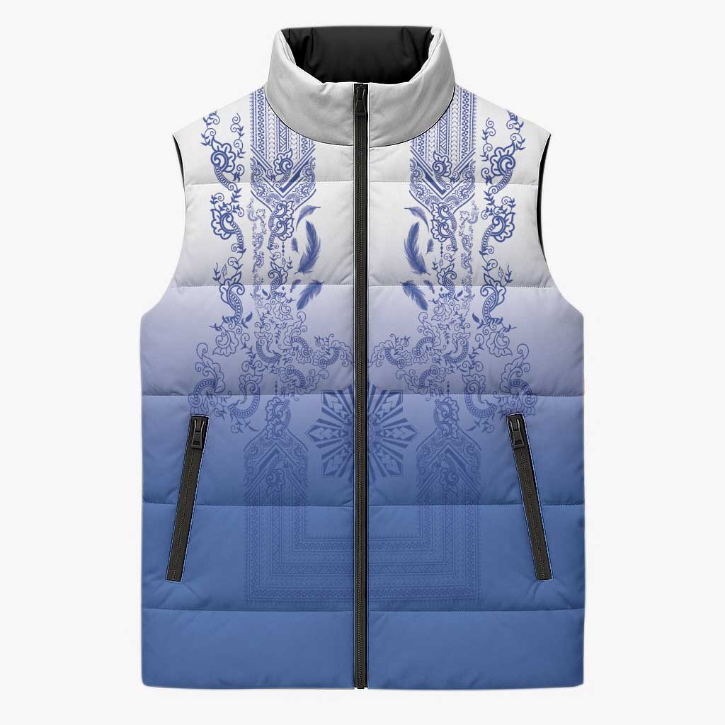 Philippines Barong Style Sleeveless Puffer Jacket with Polynesian Art and Leaf Motif Blue Color LT03 Unisex Blue - Polynesian Pride