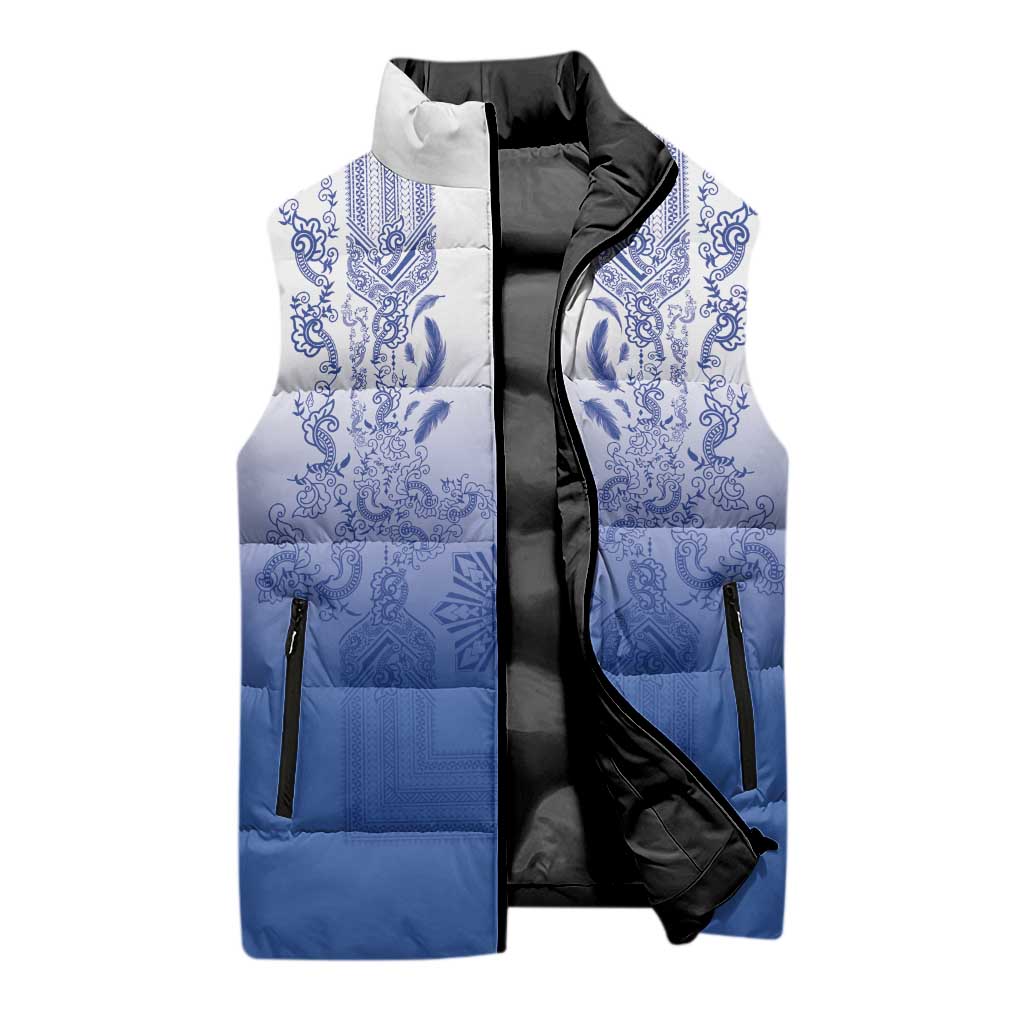 Philippines Barong Style Sleeveless Puffer Jacket with Polynesian Art and Leaf Motif Blue Color LT03 - Polynesian Pride