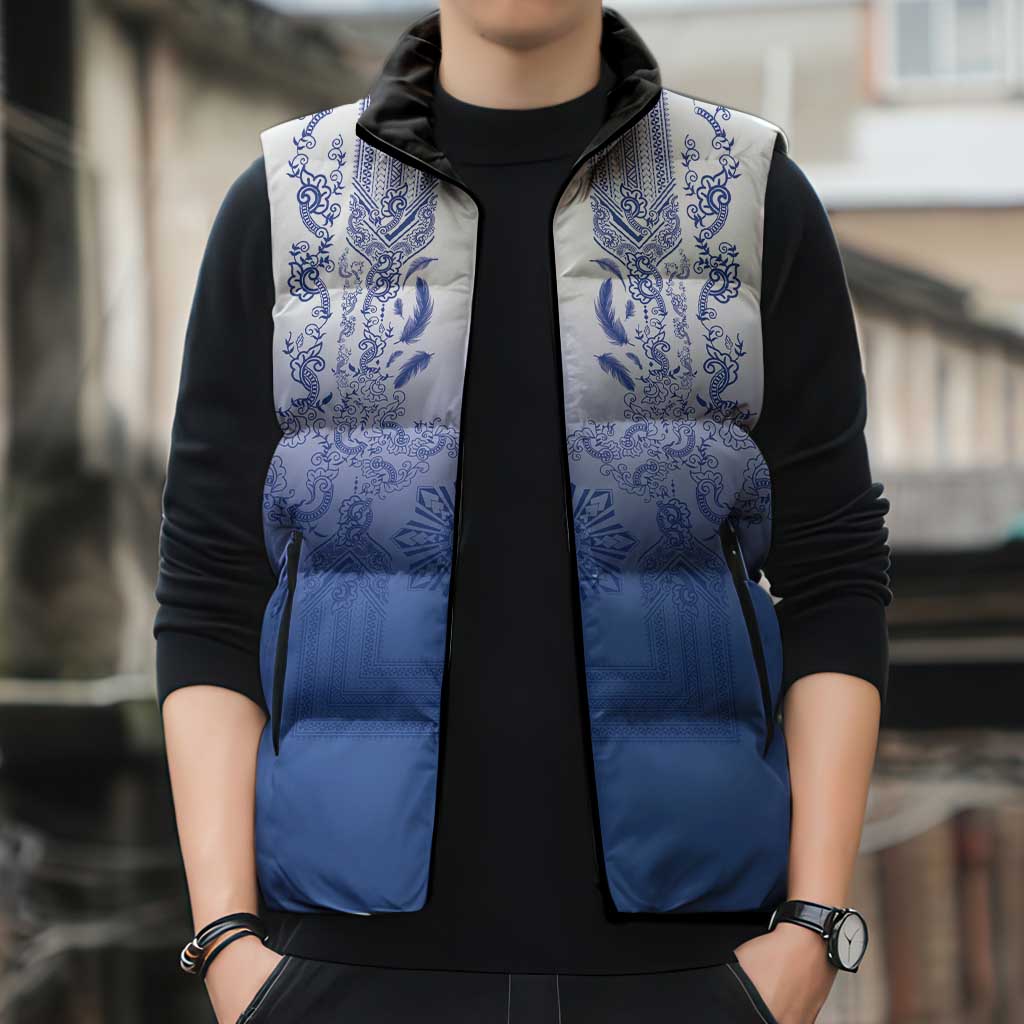 Philippines Barong Style Sleeveless Puffer Jacket with Polynesian Art and Leaf Motif Blue Color LT03 - Polynesian Pride