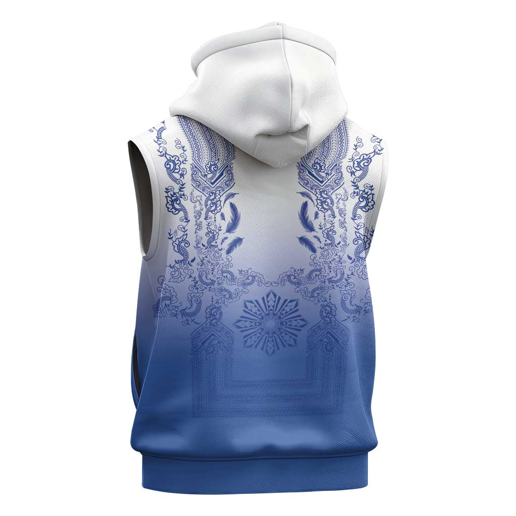 Philippines Barong Style Sleeveless Zip Hoodie with Polynesian Art and Leaf Motif Blue Color LT03 - Polynesian Pride