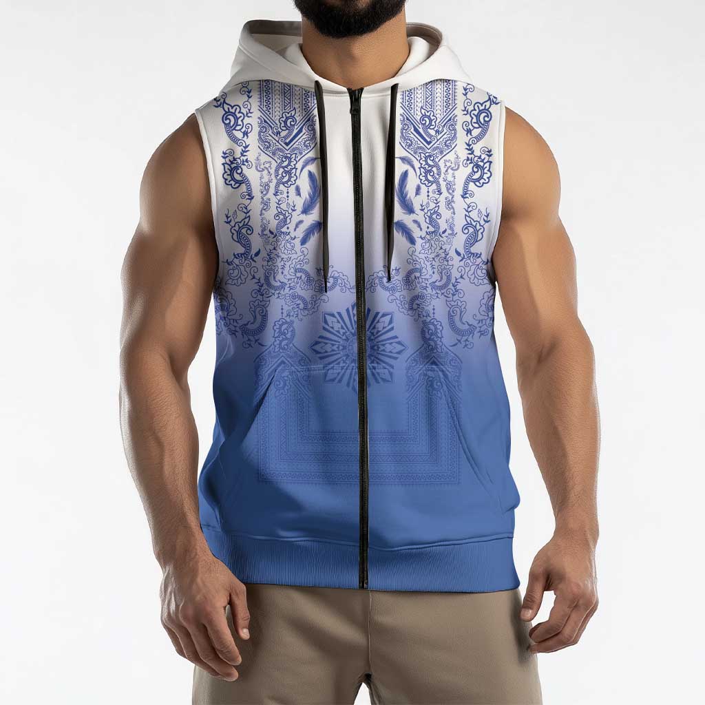 Philippines Barong Style Sleeveless Zip Hoodie with Polynesian Art and Leaf Motif Blue Color LT03 - Polynesian Pride