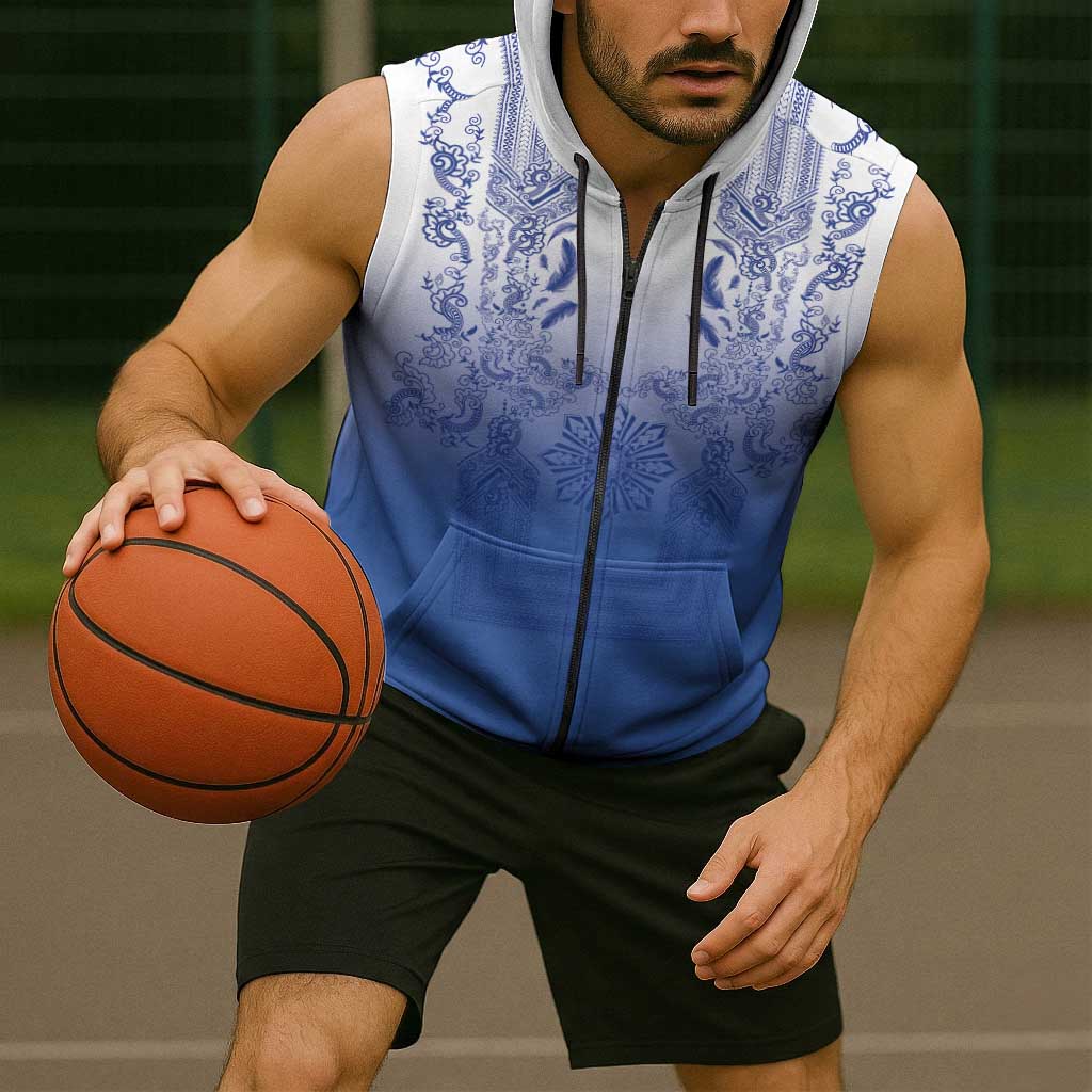 Philippines Barong Style Sleeveless Zip Hoodie with Polynesian Art and Leaf Motif Blue Color LT03 - Polynesian Pride