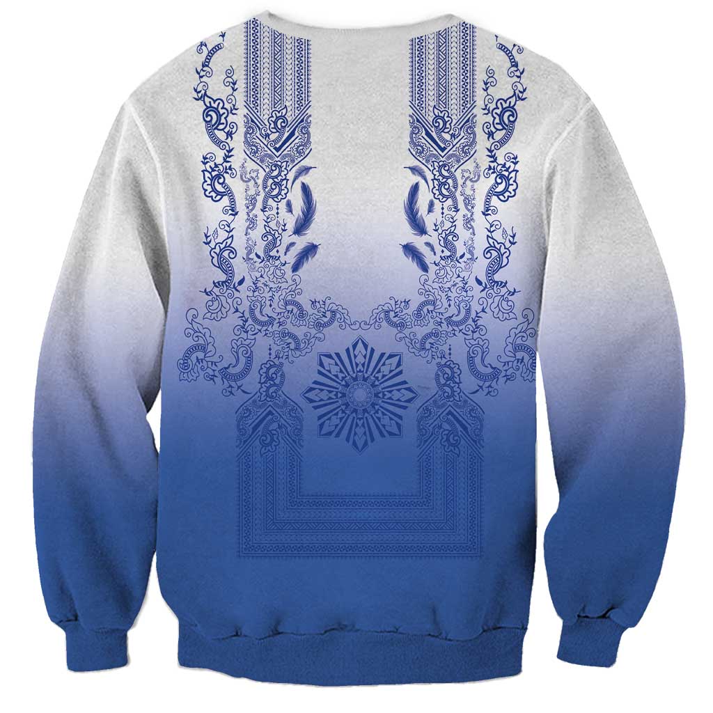 Philippines Barong Style Sweatshirt with Polynesian Art and Leaf Motif Blue Color LT03 - Polynesian Pride