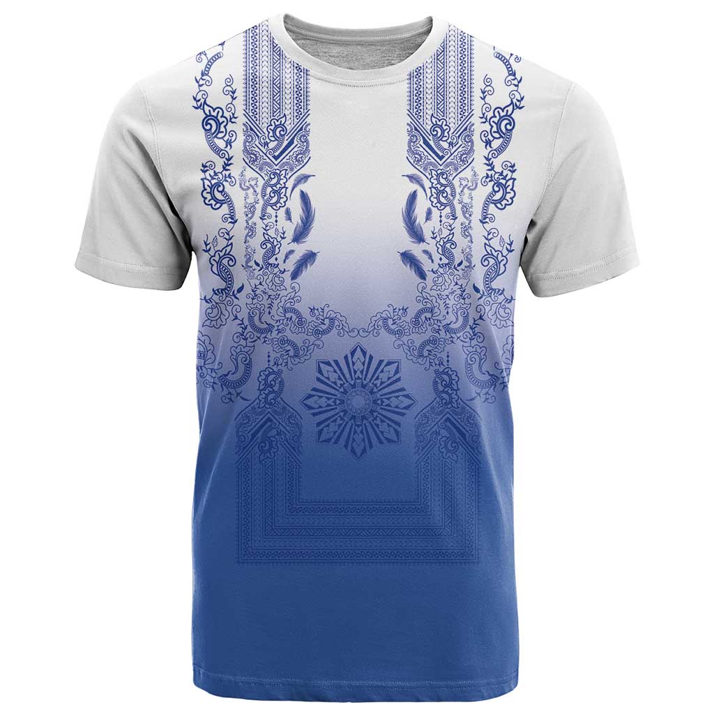 Philippines Barong Style T Shirt with Polynesian Art and Leaf Motif Blue Color LT03 Blue - Polynesian Pride