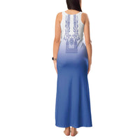 Philippines Barong Style Tank Maxi Dress with Polynesian Art and Leaf Motif Blue Color LT03 - Polynesian Pride