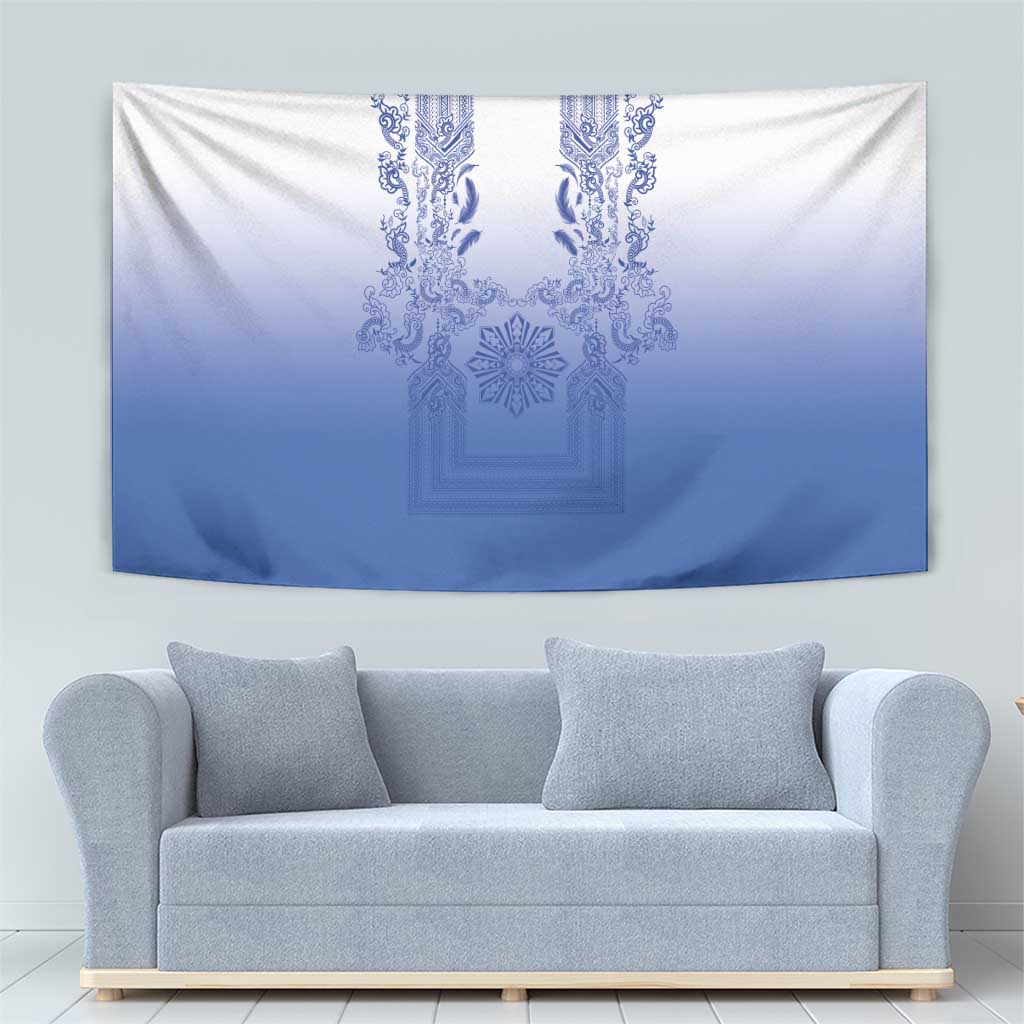 Philippines Barong Style Tapestry with Polynesian Art and Leaf Motif Blue Color LT03 - Polynesian Pride
