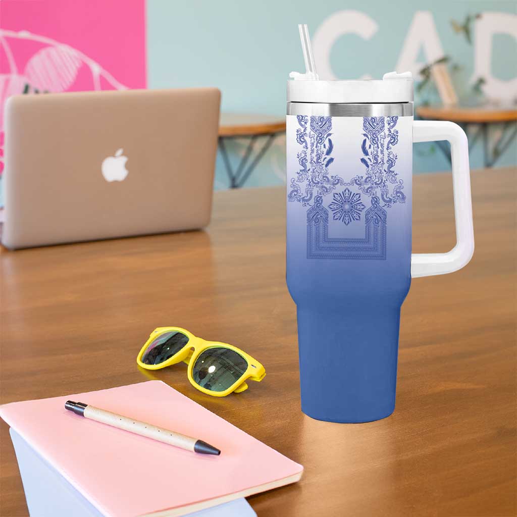 Philippines Barong Style Tumbler With Handle with Polynesian Art and Leaf Motif Blue Color LT03 - Polynesian Pride