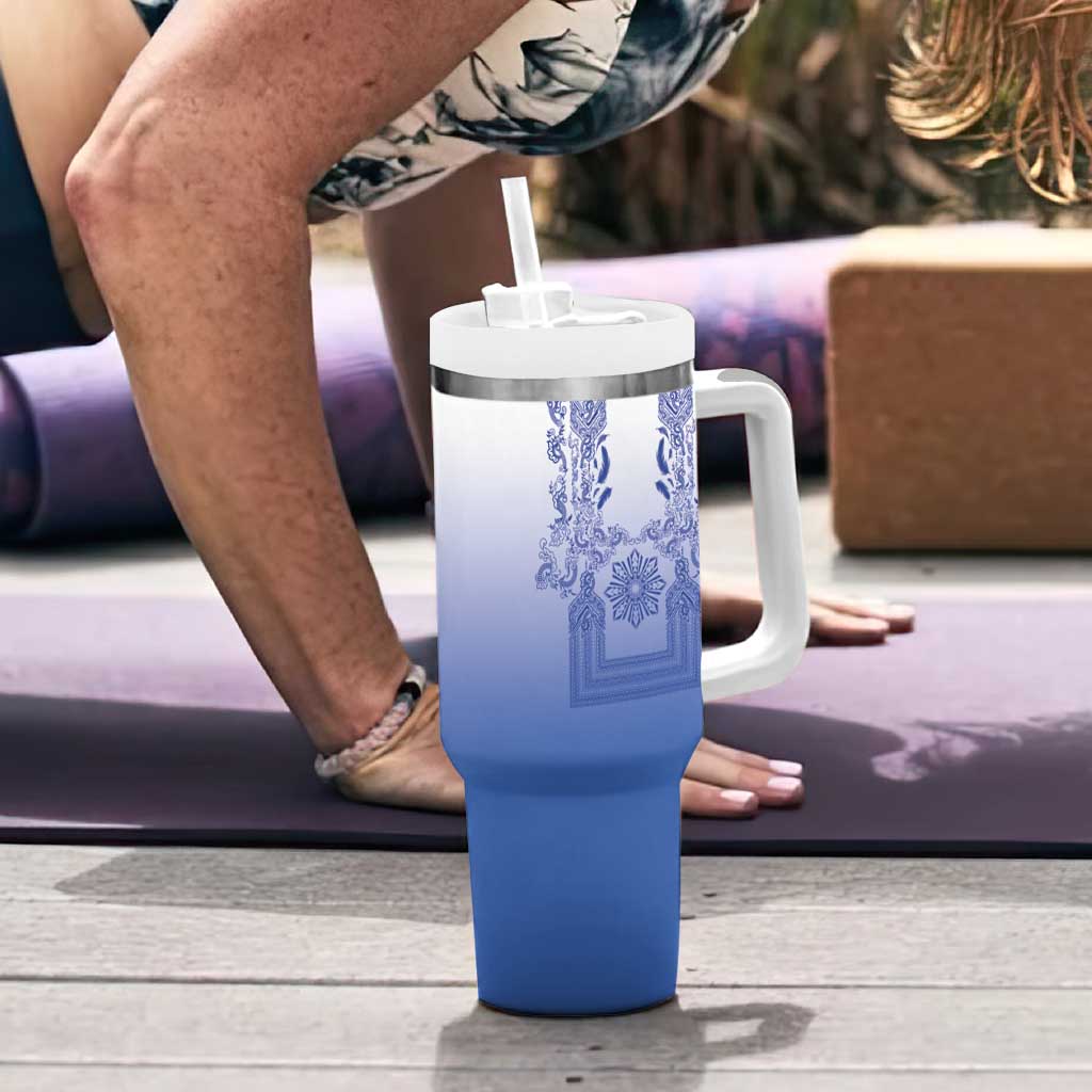 Philippines Barong Style Tumbler With Handle with Polynesian Art and Leaf Motif Blue Color LT03 - Polynesian Pride