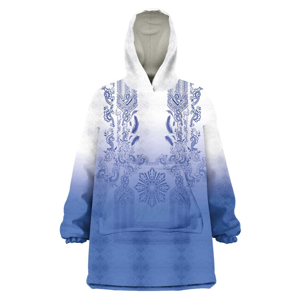 Philippines Barong Style Wearable Blanket Hoodie with Polynesian Art and Leaf Motif Blue Color