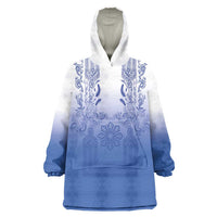 Philippines Barong Style Wearable Blanket Hoodie with Polynesian Art and Leaf Motif Blue Color