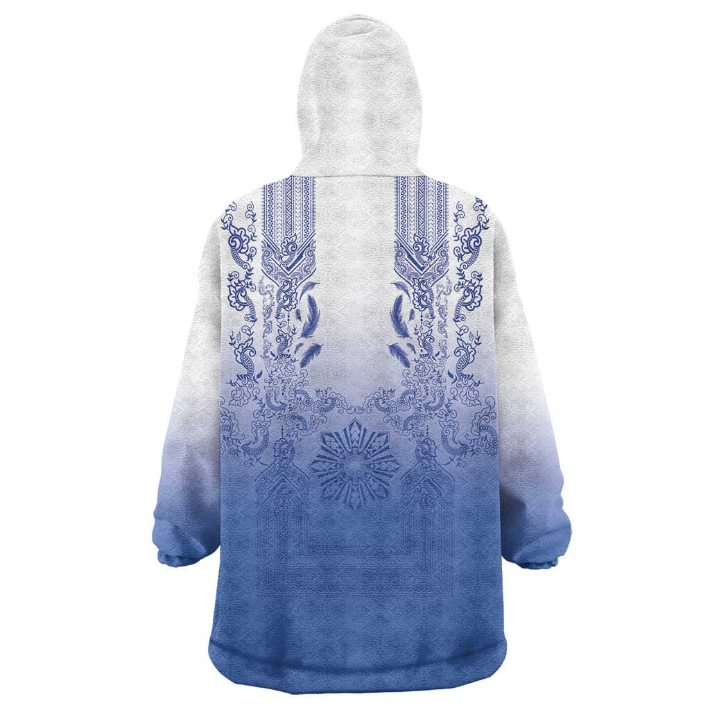Philippines Barong Style Wearable Blanket Hoodie with Polynesian Art and Leaf Motif Blue Color
