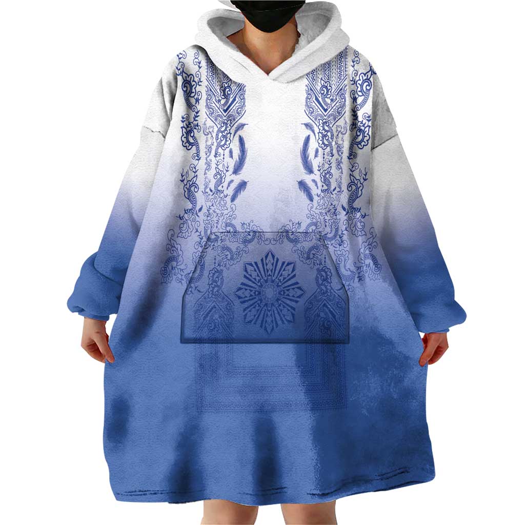 Philippines Barong Style Wearable Blanket Hoodie with Polynesian Art and Leaf Motif Blue Color