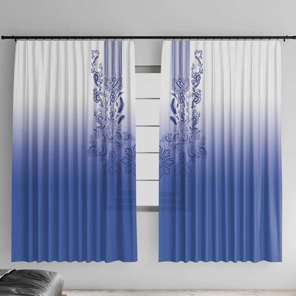 Philippines Barong Style Window Curtain with Polynesian Art and Leaf Motif Blue Color LT03 With Hooks Blue - Polynesian Pride