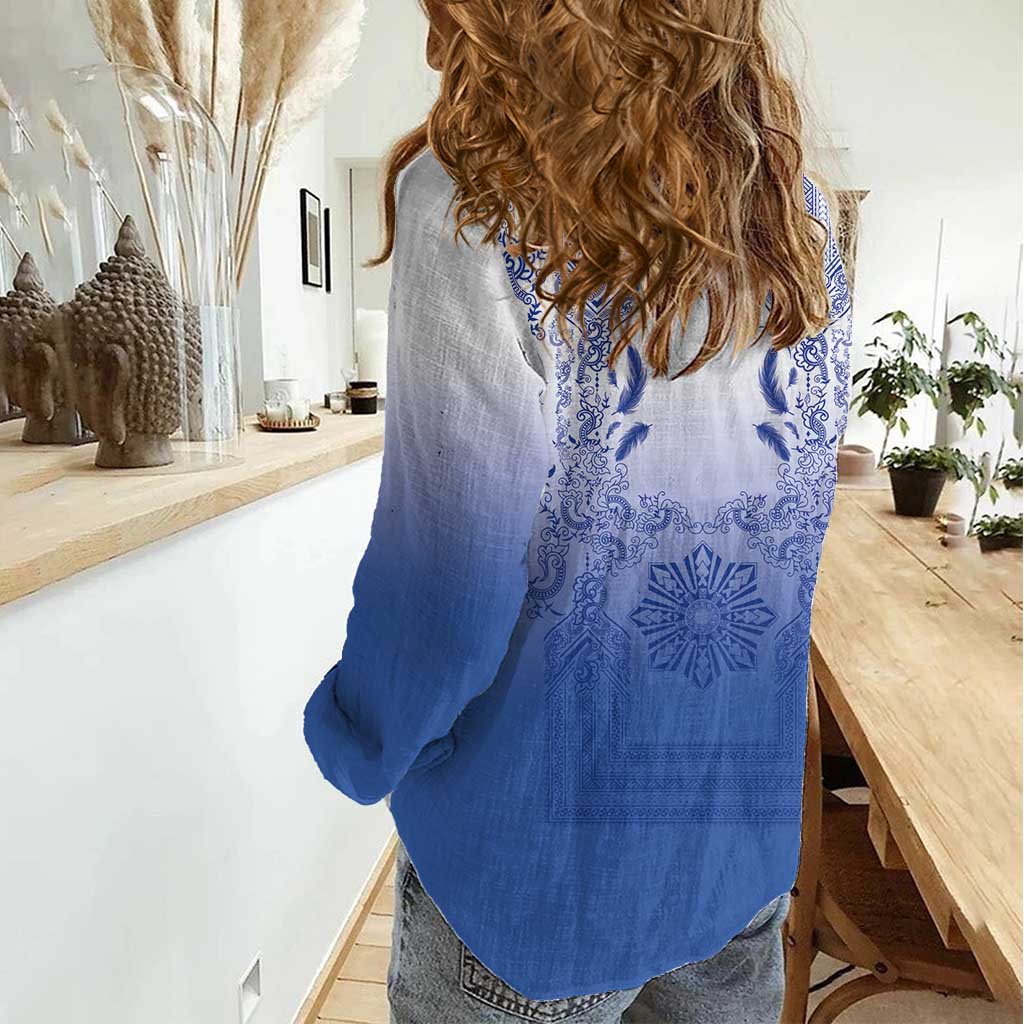 Philippines Barong Style Women Casual Shirt with Polynesian Art and Leaf Motif Blue Color LT03 - Polynesian Pride