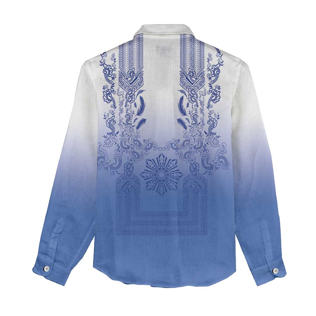 Philippines Barong Style Women Casual Shirt with Polynesian Art and Leaf Motif Blue Color LT03 - Polynesian Pride
