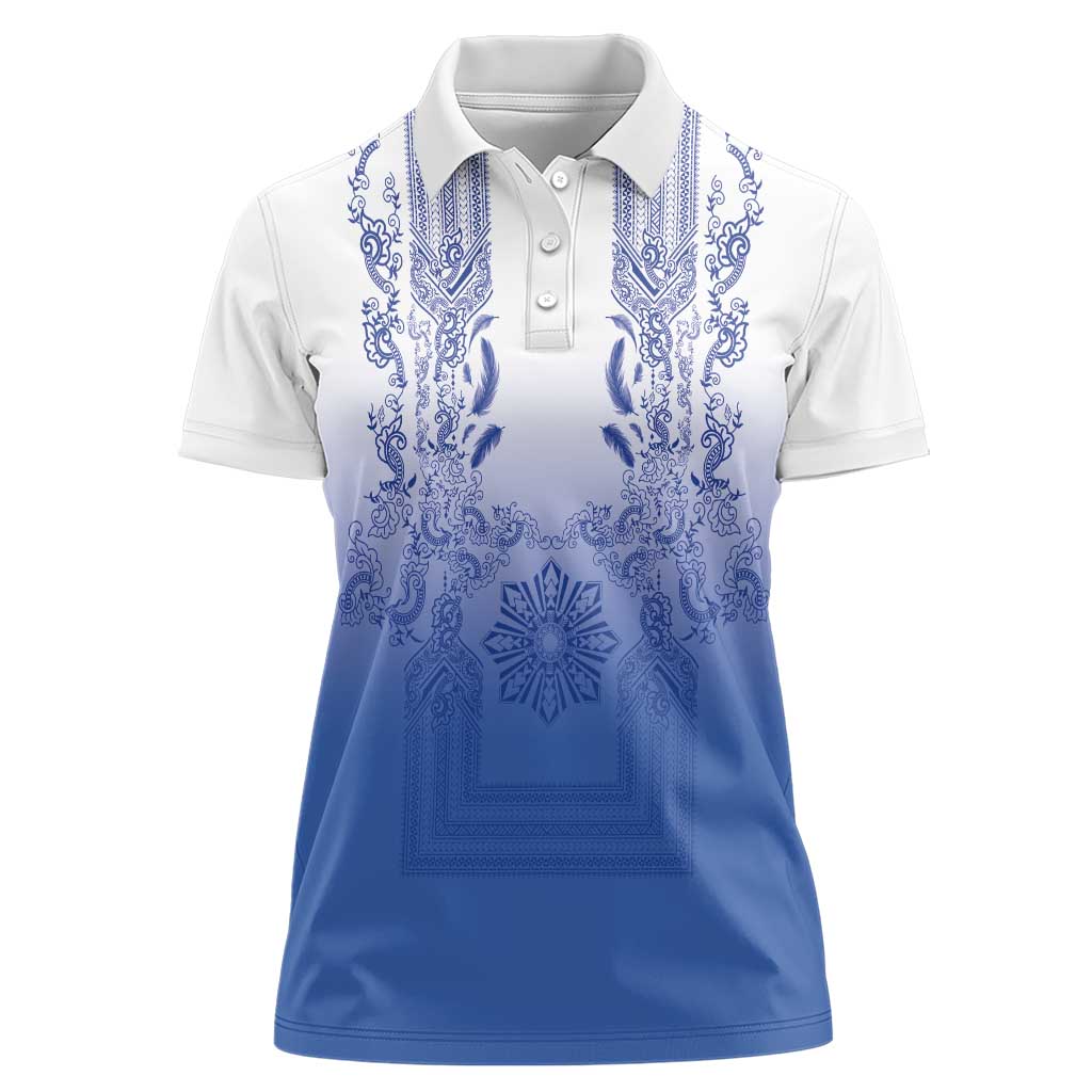 Philippines Barong Style Women Polo Shirt with Polynesian Art and Leaf Motif Blue Color LT03 Female Blue - Polynesian Pride