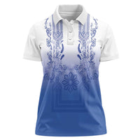 Philippines Barong Style Women Polo Shirt with Polynesian Art and Leaf Motif Blue Color LT03 Female Blue - Polynesian Pride