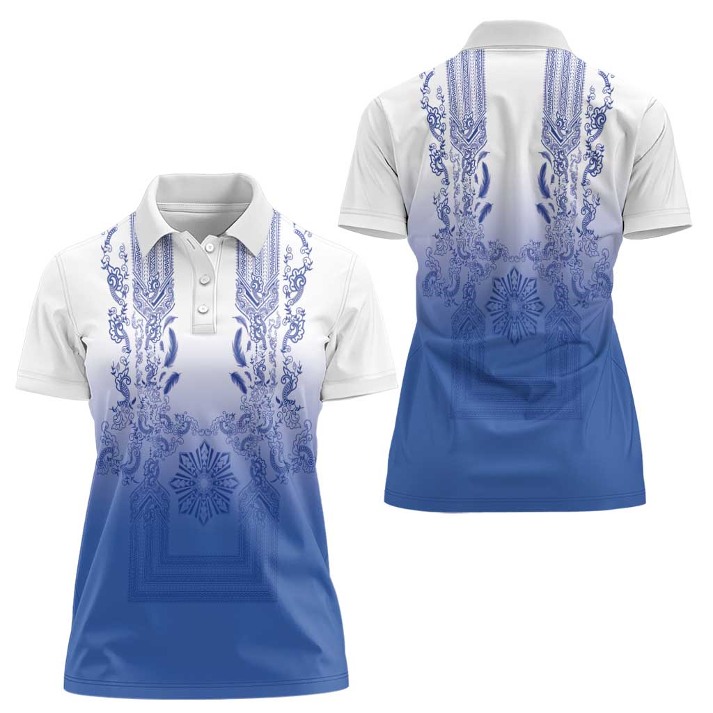 Philippines Barong Style Women Polo Shirt with Polynesian Art and Leaf Motif Blue Color LT03 - Polynesian Pride