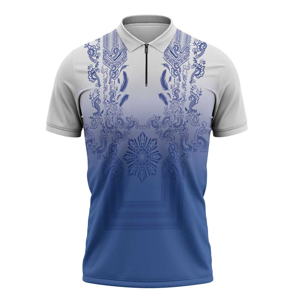 Philippines Barong Style Zipper Polo Shirt with Polynesian Art and Leaf Motif Blue Color LT03 Blue - Polynesian Pride