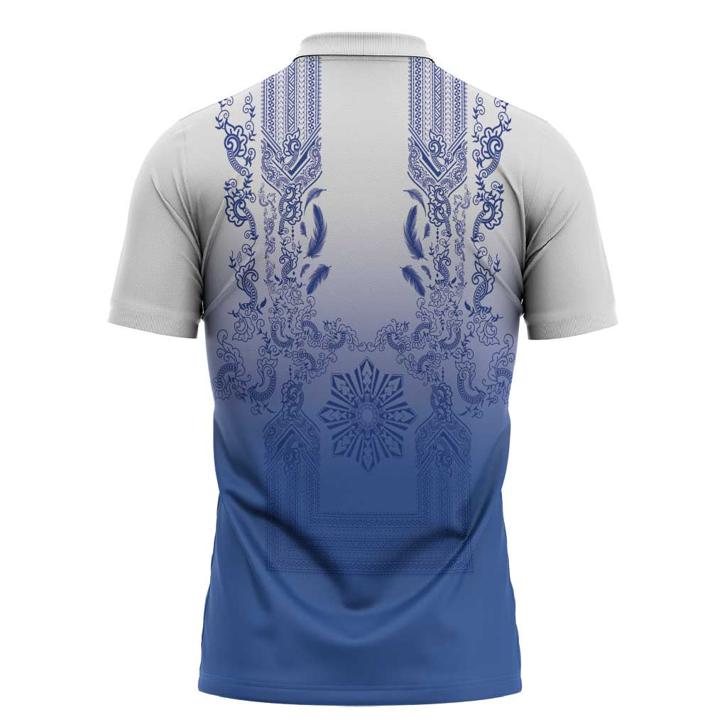 Philippines Barong Style Zipper Polo Shirt with Polynesian Art and Leaf Motif Blue Color LT03 - Polynesian Pride