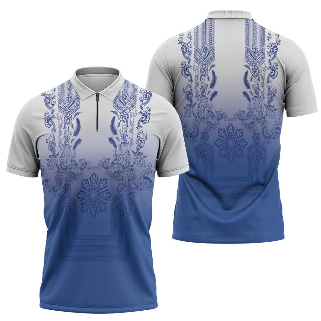 Philippines Barong Style Zipper Polo Shirt with Polynesian Art and Leaf Motif Blue Color LT03 - Polynesian Pride