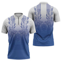 Philippines Barong Style Zipper Polo Shirt with Polynesian Art and Leaf Motif Blue Color LT03 - Polynesian Pride