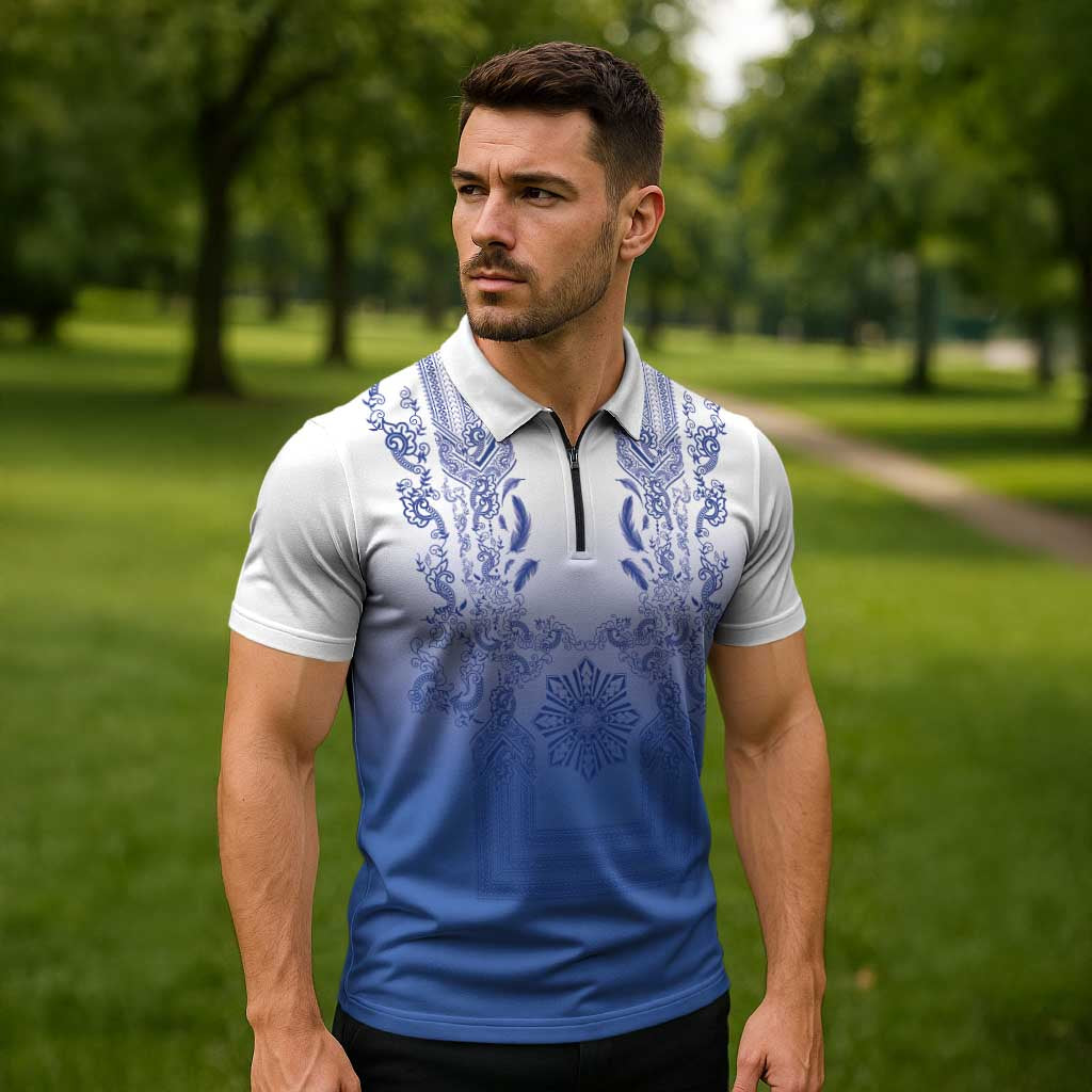 Philippines Barong Style Zipper Polo Shirt with Polynesian Art and Leaf Motif Blue Color LT03 - Polynesian Pride