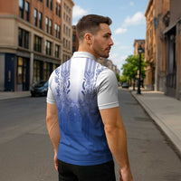Philippines Barong Style Zipper Polo Shirt with Polynesian Art and Leaf Motif Blue Color LT03 - Polynesian Pride