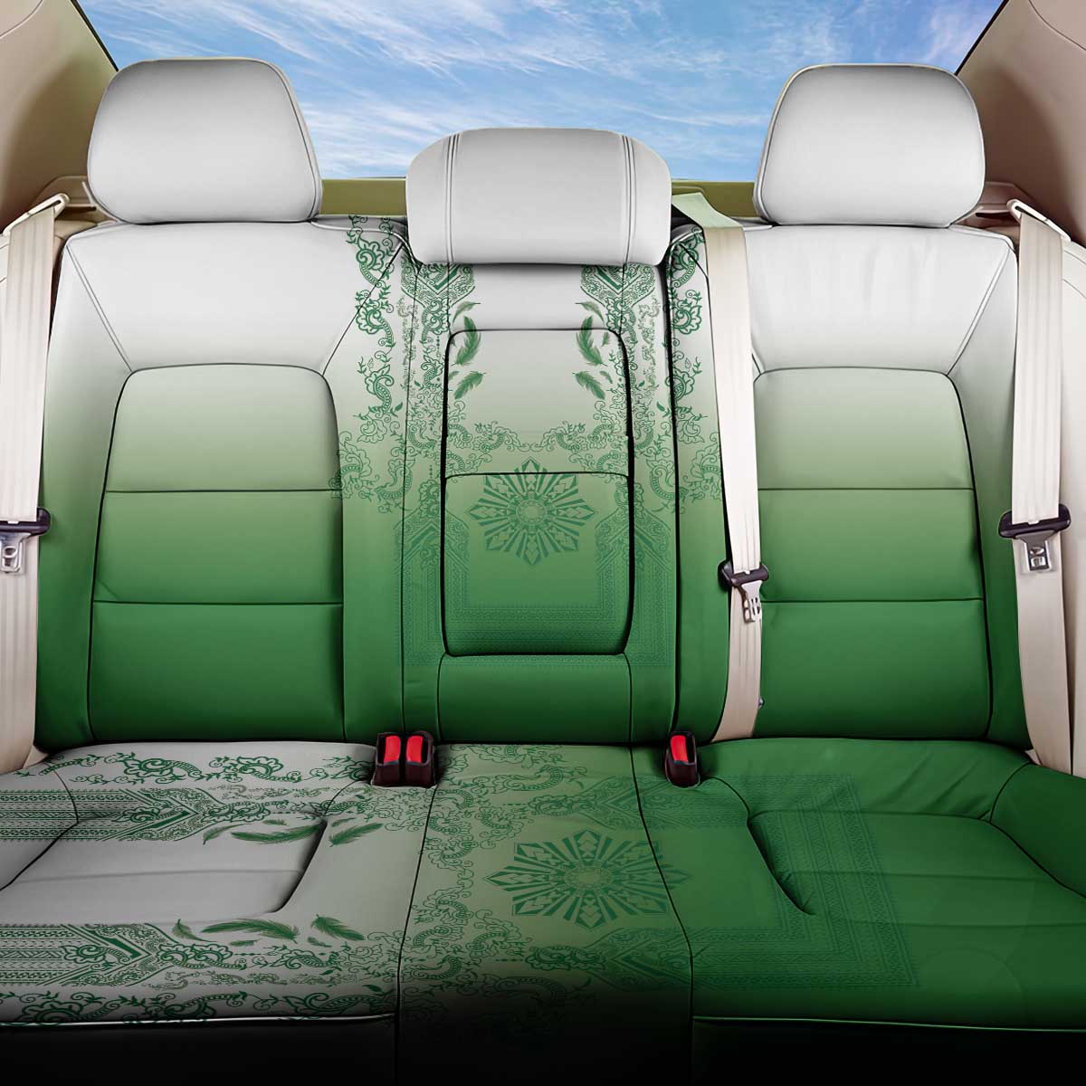 Philippines Barong Style Back Car Seat Cover with Polynesian Art and Leaf Motif Green Color