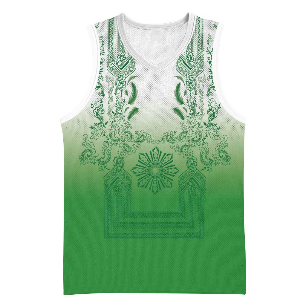 Philippines Barong Style Basketball Jersey with Polynesian Art and Leaf Motif Green Color LT03 Unisex Green - Polynesian Pride