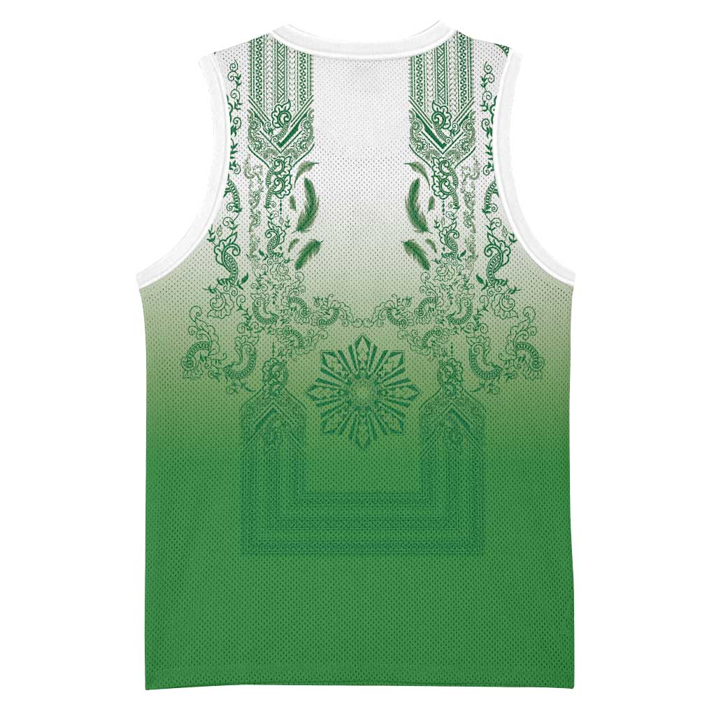 Philippines Barong Style Basketball Jersey with Polynesian Art and Leaf Motif Green Color LT03 - Polynesian Pride
