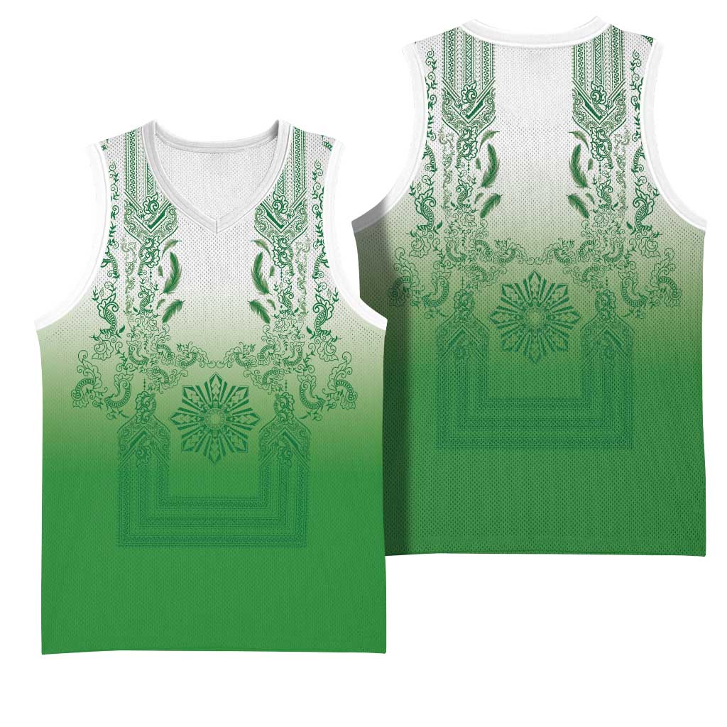 Philippines Barong Style Basketball Jersey with Polynesian Art and Leaf Motif Green Color LT03 - Polynesian Pride