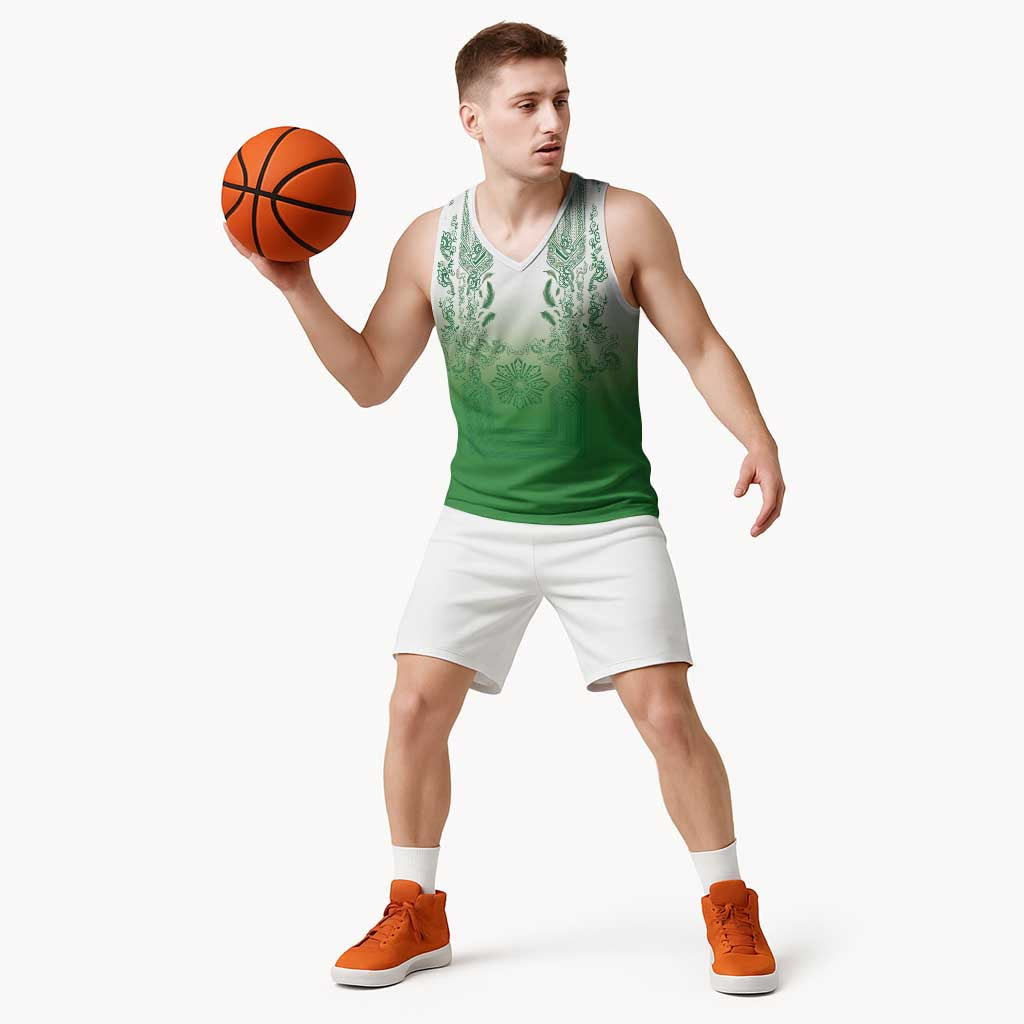 Philippines Barong Style Basketball Jersey with Polynesian Art and Leaf Motif Green Color LT03 - Polynesian Pride