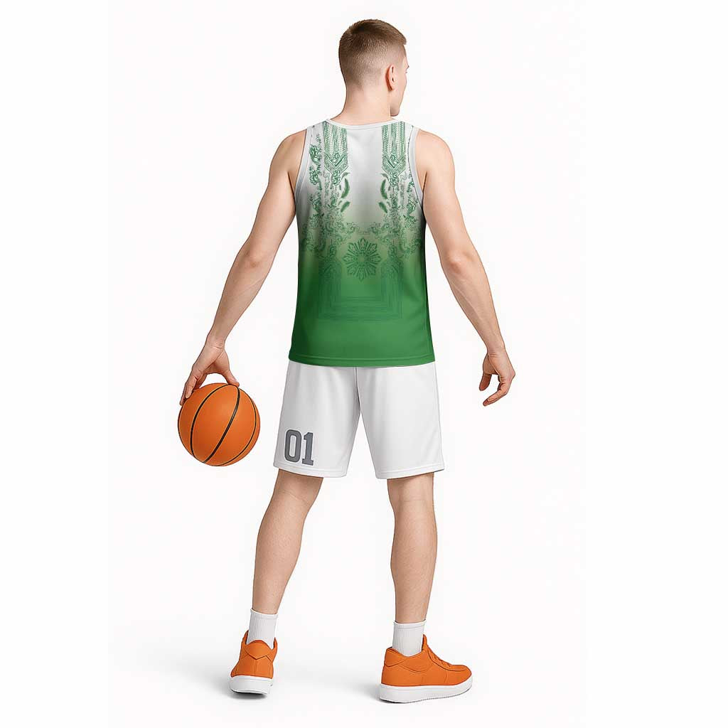 Philippines Barong Style Basketball Jersey with Polynesian Art and Leaf Motif Green Color LT03 - Polynesian Pride