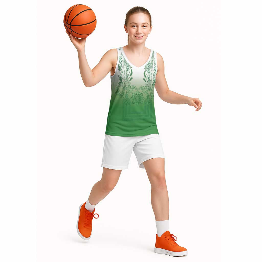 Philippines Barong Style Basketball Jersey with Polynesian Art and Leaf Motif Green Color LT03 - Polynesian Pride