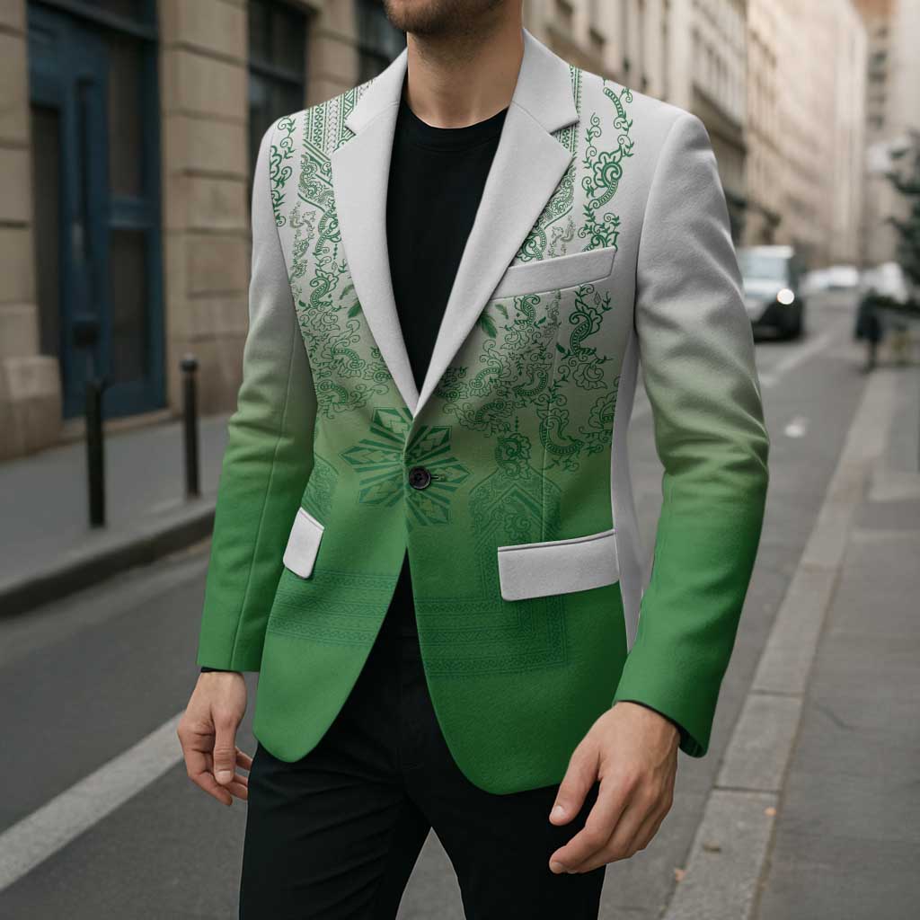Philippines Barong Style Blazer with Polynesian Art and Leaf Motif Green Color LT03 - Polynesian Pride