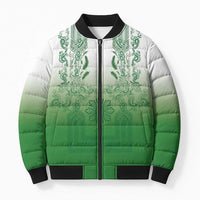 Philippines Barong Style Bomber Puffer Jacket with Polynesian Art and Leaf Motif Green Color