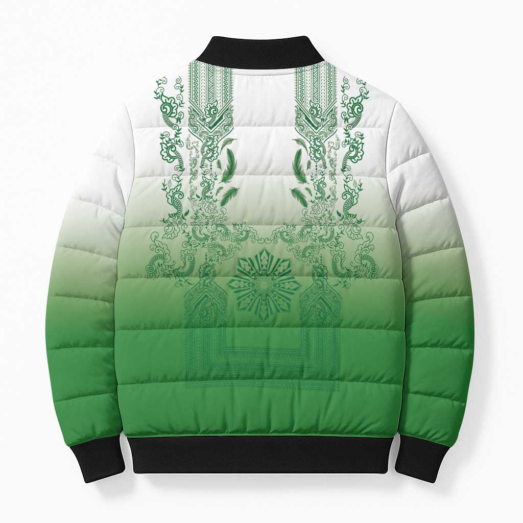 Philippines Barong Style Bomber Puffer Jacket with Polynesian Art and Leaf Motif Green Color