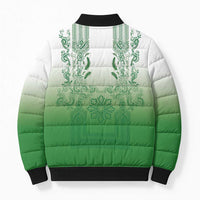Philippines Barong Style Bomber Puffer Jacket with Polynesian Art and Leaf Motif Green Color