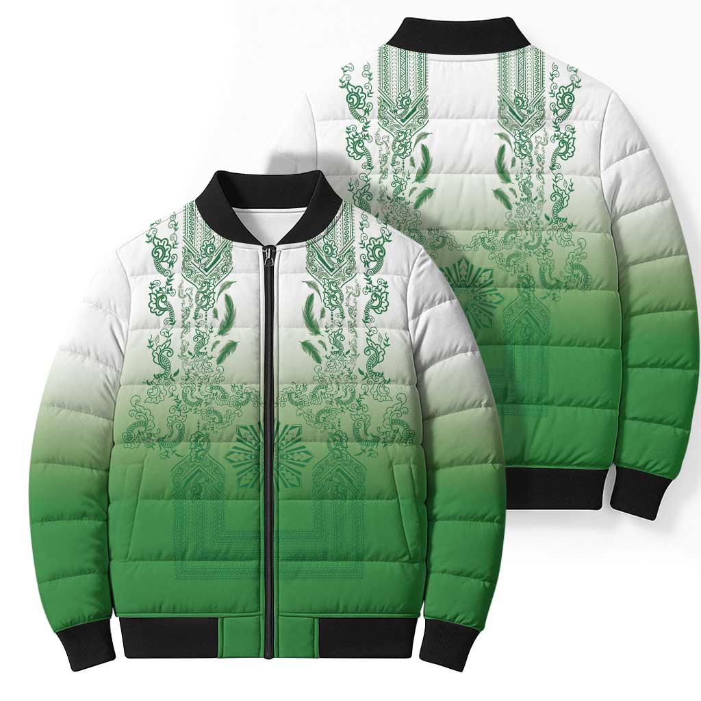 Philippines Barong Style Bomber Puffer Jacket with Polynesian Art and Leaf Motif Green Color