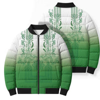 Philippines Barong Style Bomber Puffer Jacket with Polynesian Art and Leaf Motif Green Color