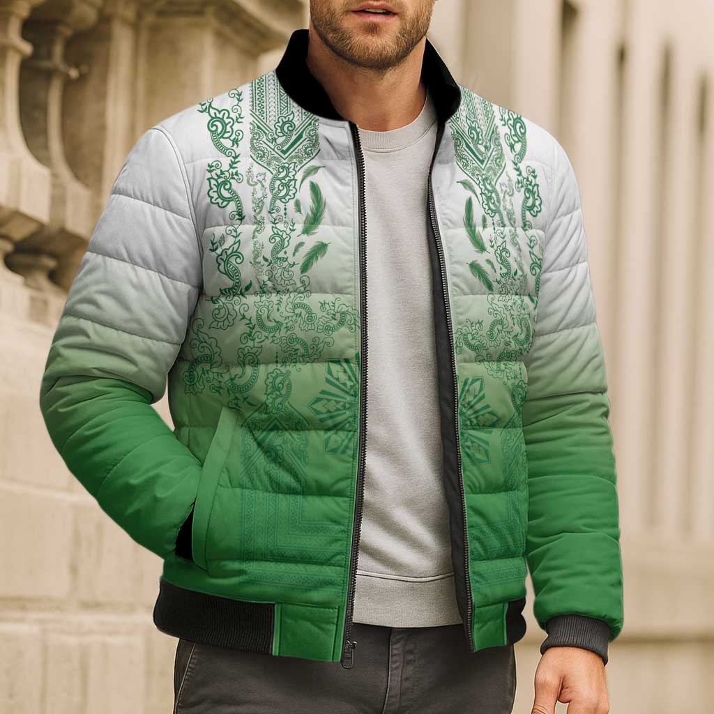 Philippines Barong Style Bomber Puffer Jacket with Polynesian Art and Leaf Motif Green Color